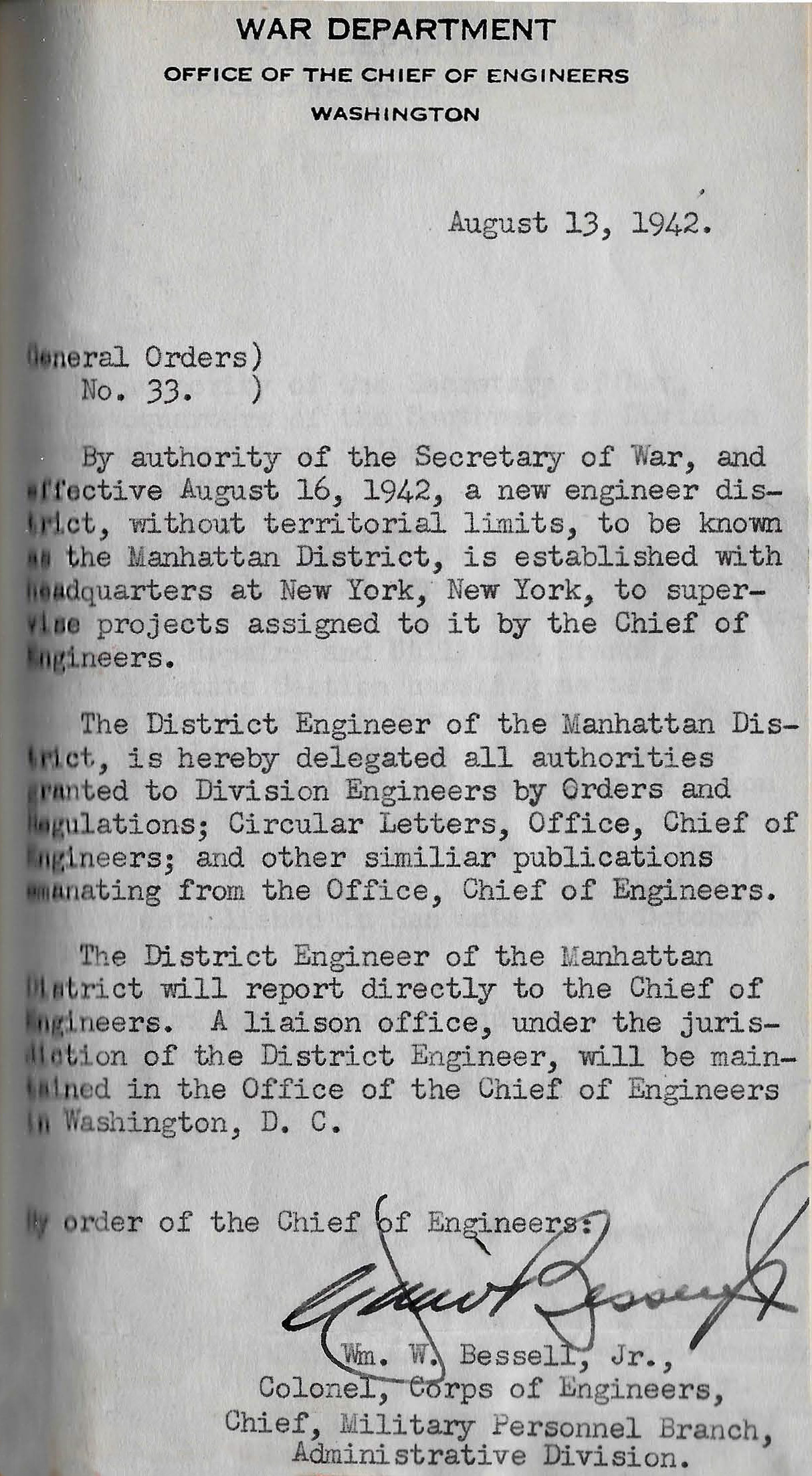 Image of a typewritten and signed order establishing the Manhattan Engineer District